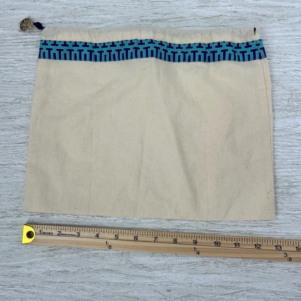 Tory Burch Cosmetic Pouch‎ Travel Bag Drawstring Logo Charm Canvas Beige Blue